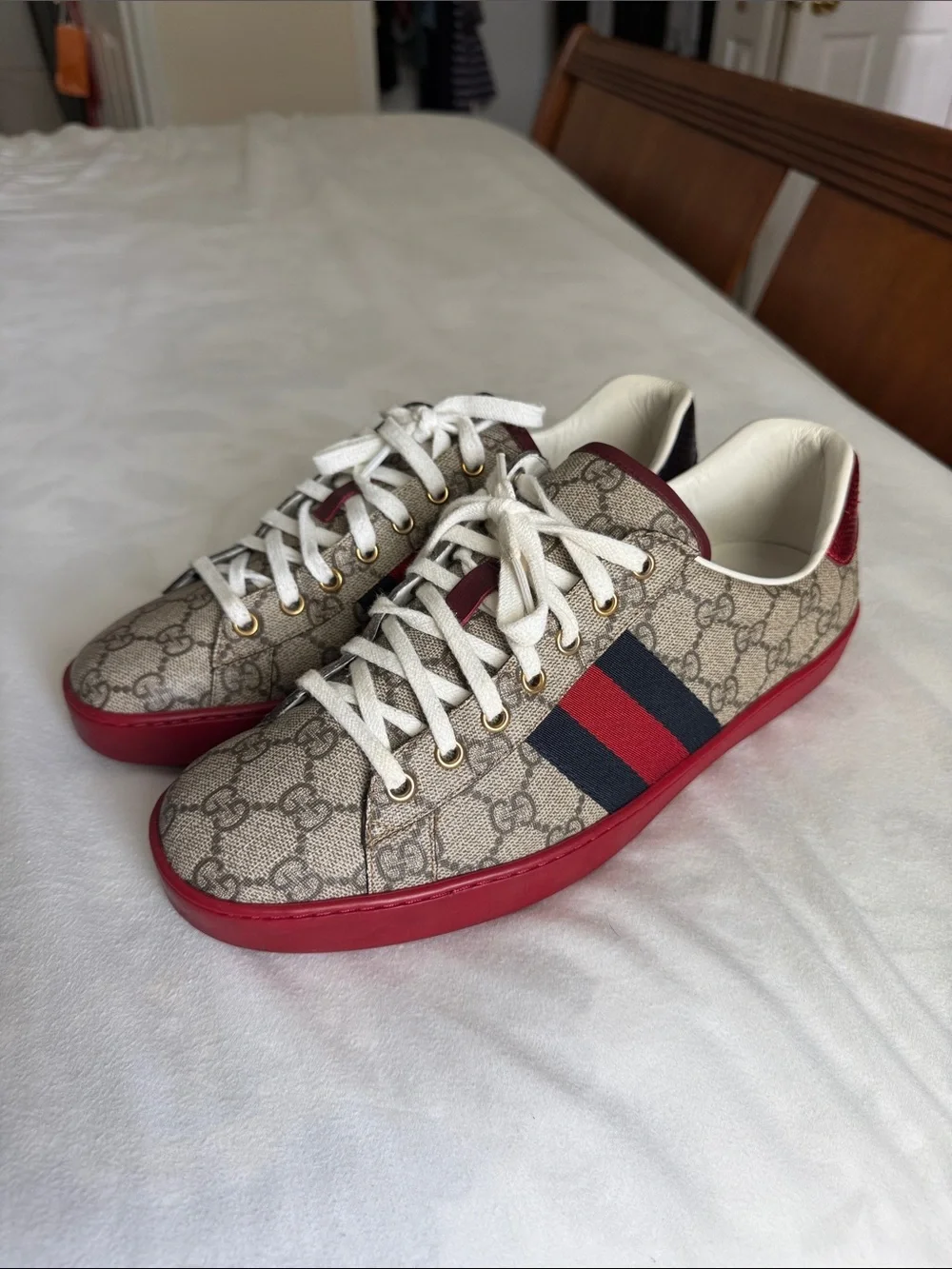 Gucci Beige GG Canvas Sneakers with Red & Navy Web